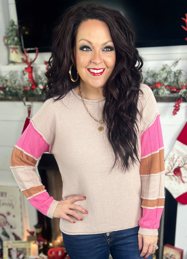 Taupe & Pink Colorblock Sleeve Sweater