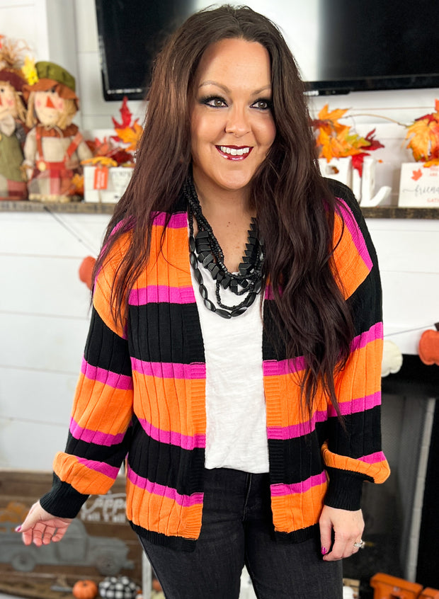 Orange/Black/Purple Striped Sweater Cardigan (8799670337829)