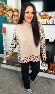 Leopard Trim Mock Neck Oversized Sweater (8823090282789)