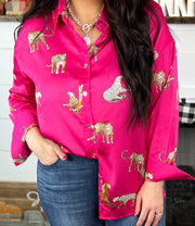 Pink Leopard Silky Button Up Blouse