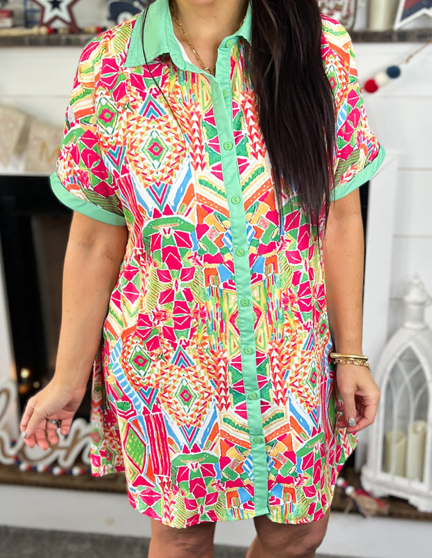 Multi Geometric Print Shirt Dress