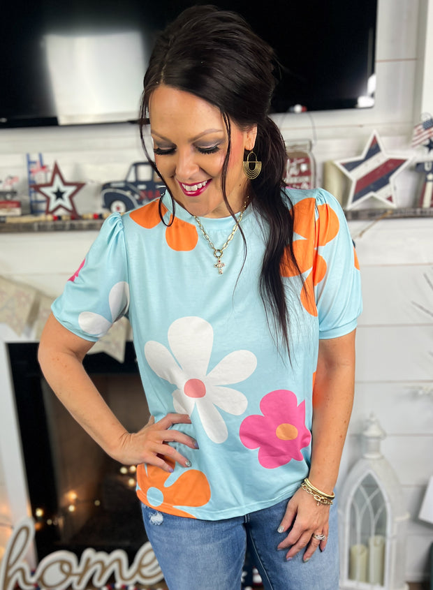 Sky Blue Retro Floral Shirred Sleeve Top