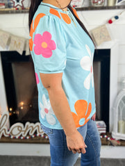 Sky Blue Retro Floral Shirred Sleeve Top