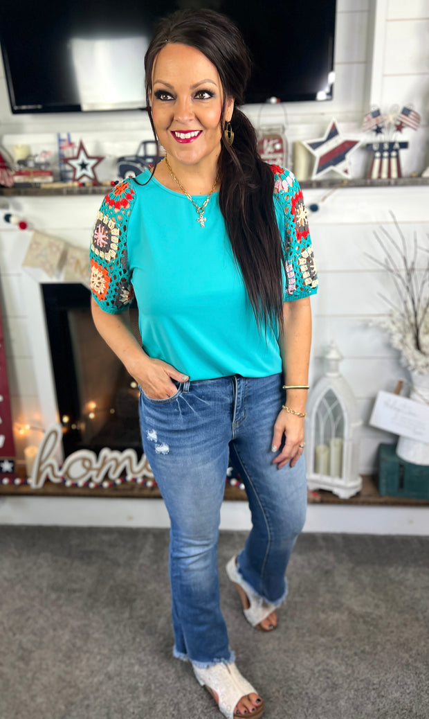 Turquoise Crochet Sleeve Top