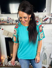 Turquoise Crochet Sleeve Top