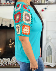 Turquoise Crochet Sleeve Top