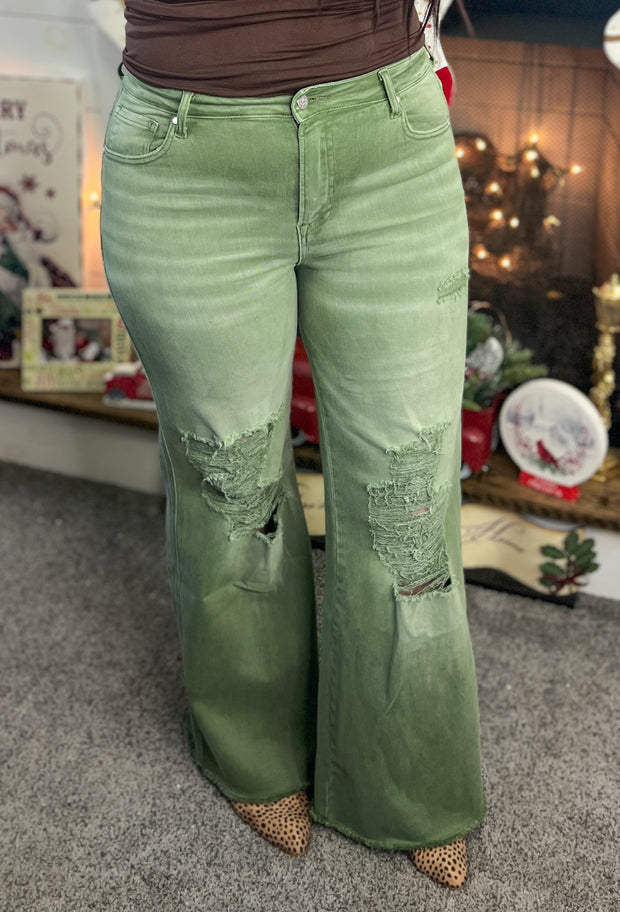 Blakeley Olive Distressed Wide Leg Jeans