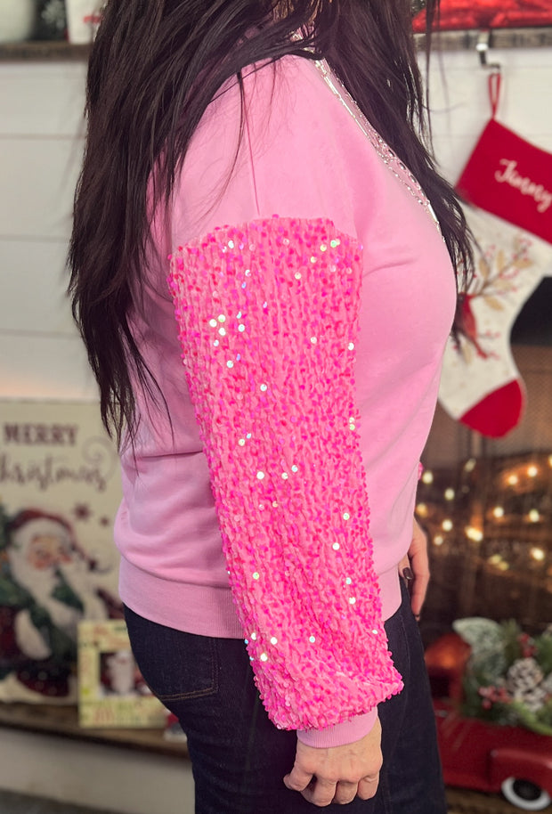 Pink Velvet & Sequin Sleeve Top