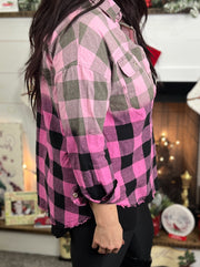 Pink Plaid Dip Dyed Flannel Button Up