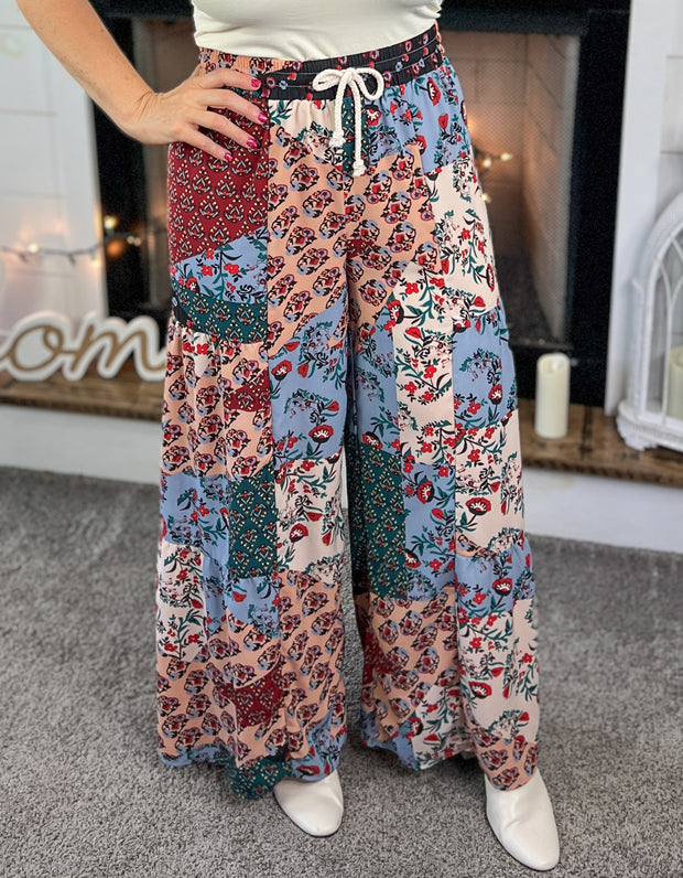 Boho Patchwork Tiered Wide Leg Pants