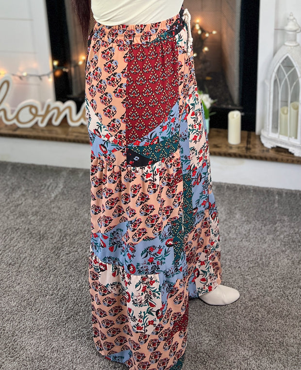 Boho Patchwork Tiered Wide Leg Pants