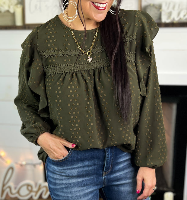 Olive Ruffle Shoulder Top