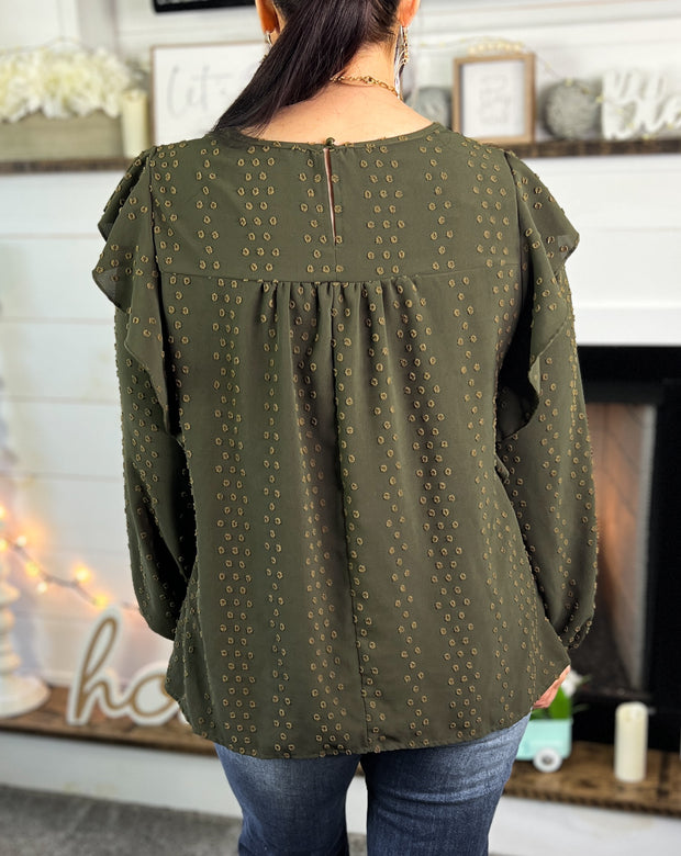 Olive Ruffle Shoulder Top