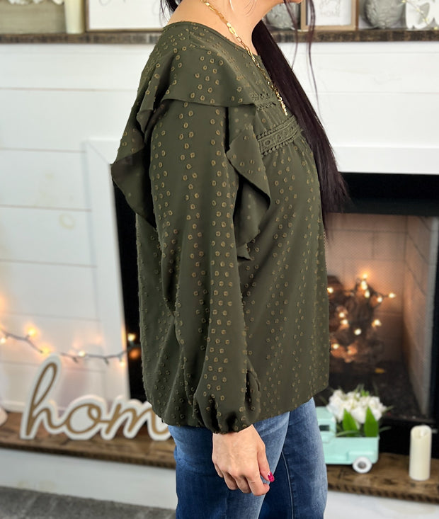 Olive Ruffle Shoulder Top