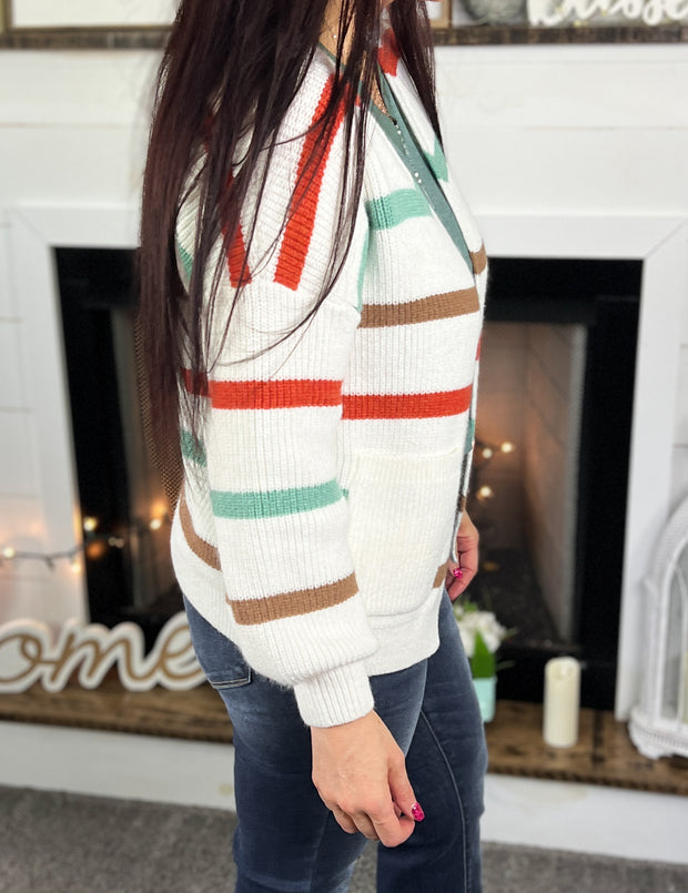 Striped Sweater Cardigan w/Pockets