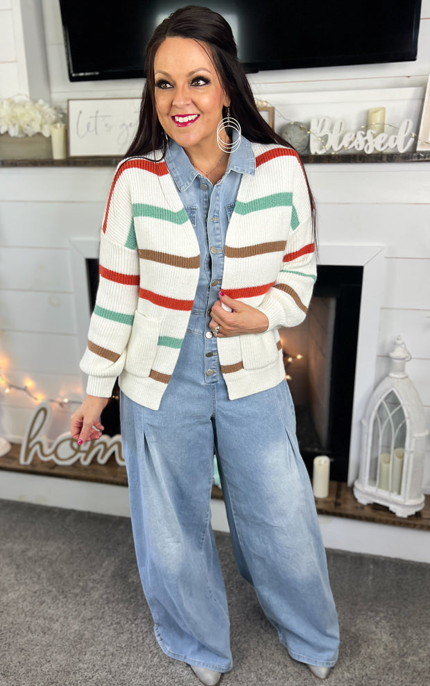 Striped Sweater Cardigan w/Pockets