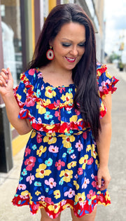 Bright Floral Ruffle Overlay Dress