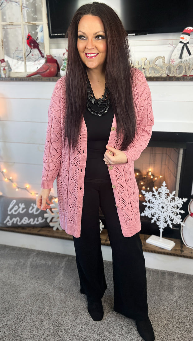 Rose Pink Open Knit Cardigan (S-2X)