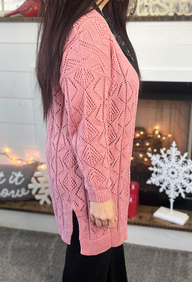 Rose Pink Open Knit Cardigan (S-2X)