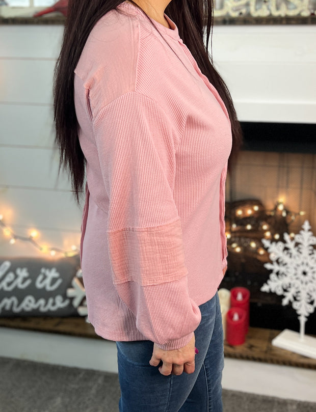 Rose Pink Exposed Seam Waffle Knit Top