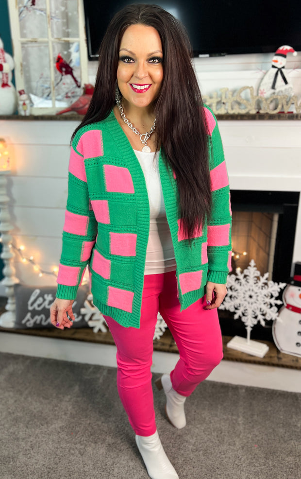 Green & Pink Checked Cardigan