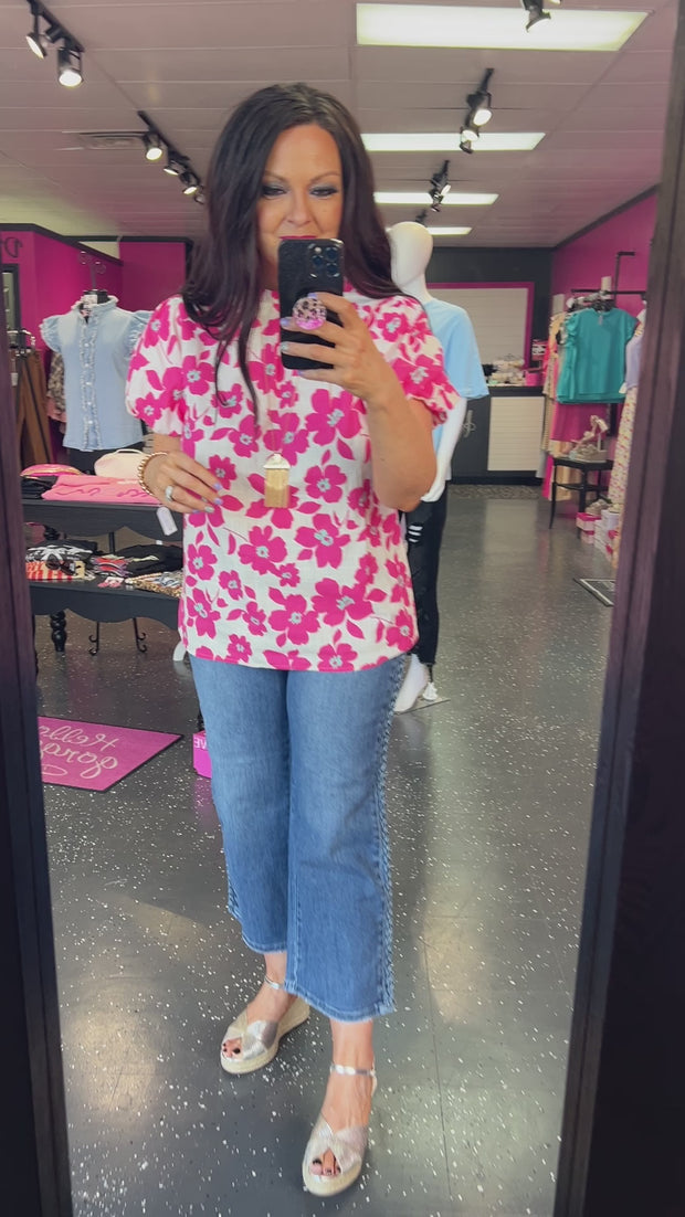 Pink & Aqua Floral Puff Sleeve Top