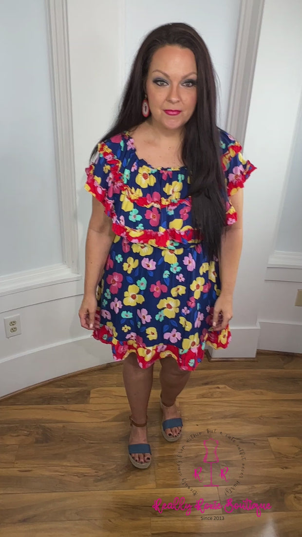 Bright Floral Ruffle Overlay Dress