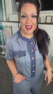Heather Blue Button Front Wide Leg Jumpsuit