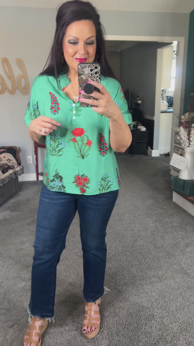 Green Floral Smocked Split Neck Top