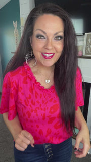 Pink/Red Leopard Ruffle Neck Top