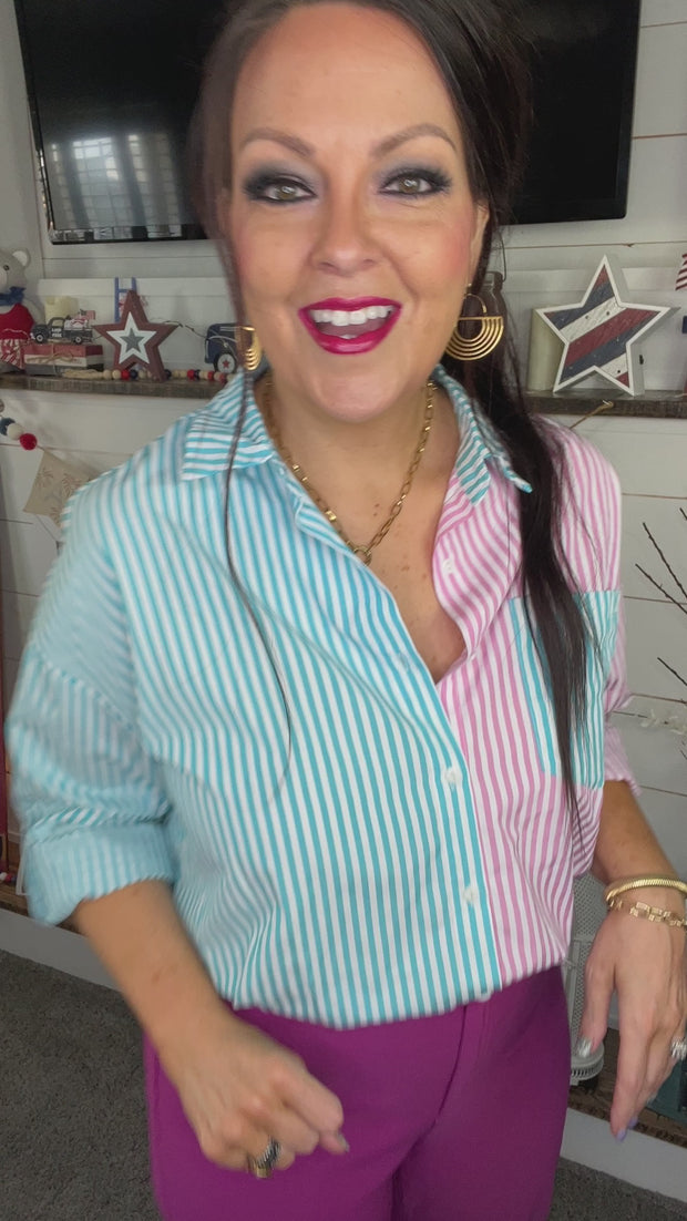 Teal & Berry Striped Colorblock Button Up