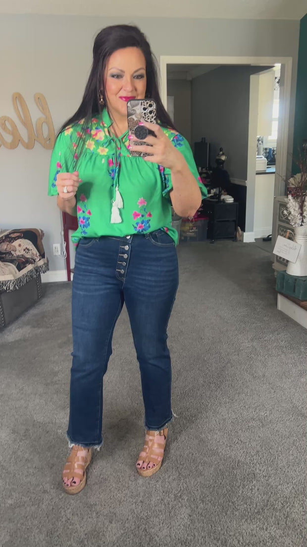 Green Floral Tassel Tie Puff Sleeve Top