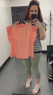 Neon Coral Gingham Ruffle Top