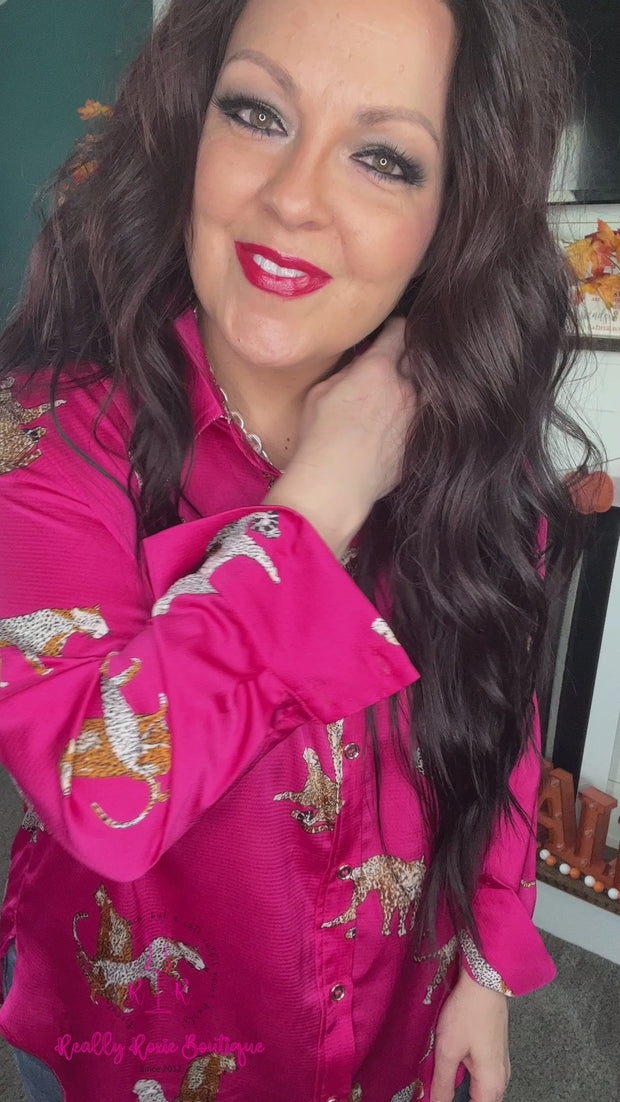 Pink Leopard Silky Button Up Blouse