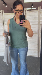 Mist Green Ribbed Trim V Neck Tank