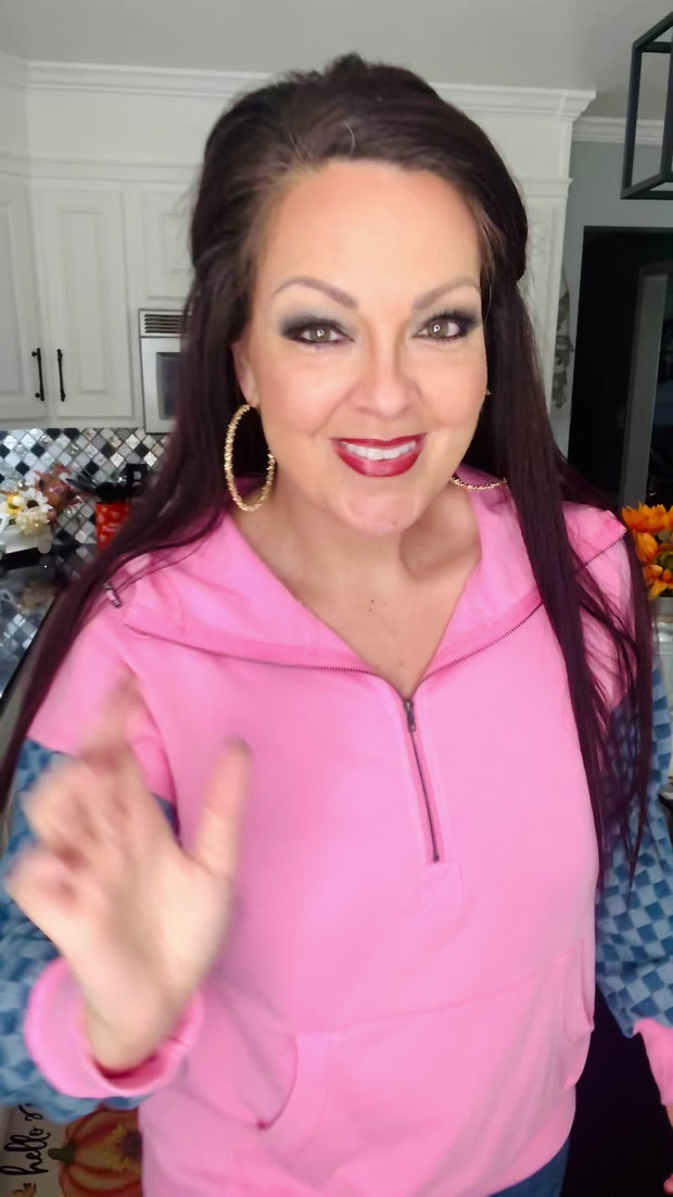 Pink Hooded Pullover w/Denim Checked Contrast Sleeves