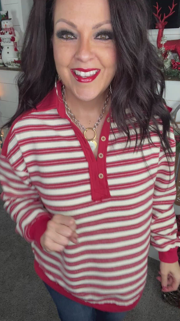 Red/Cream Striped Collared Pullover