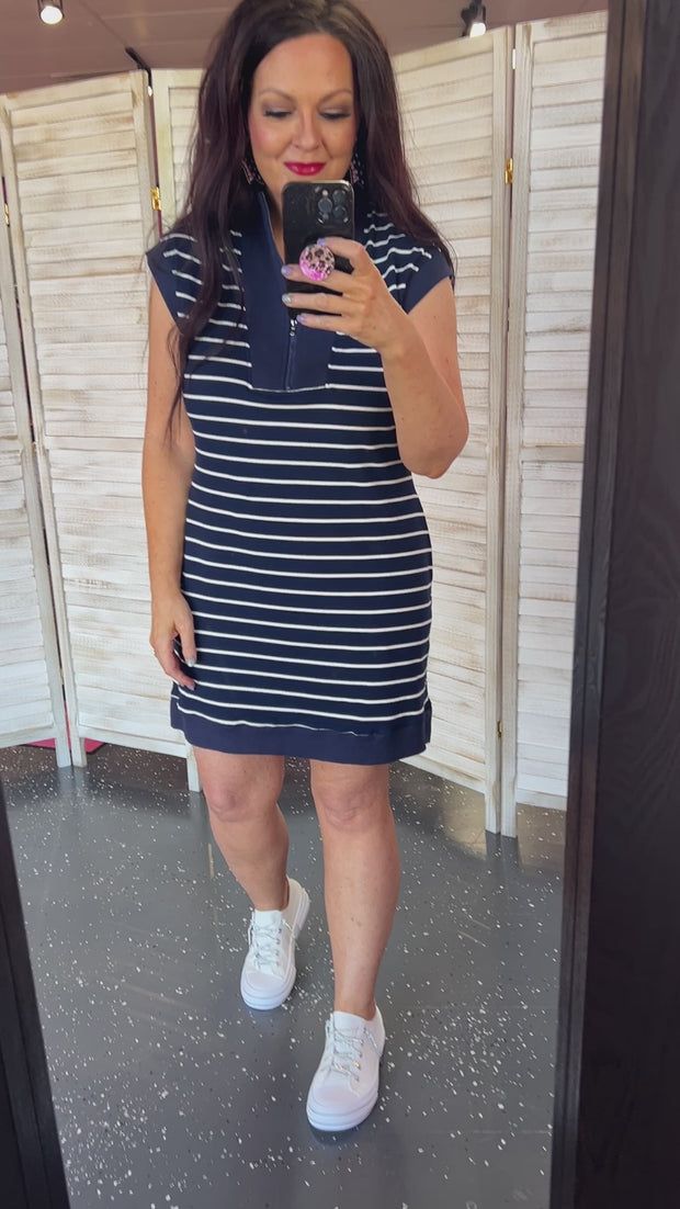 Navy Stripe Half Zip Dress