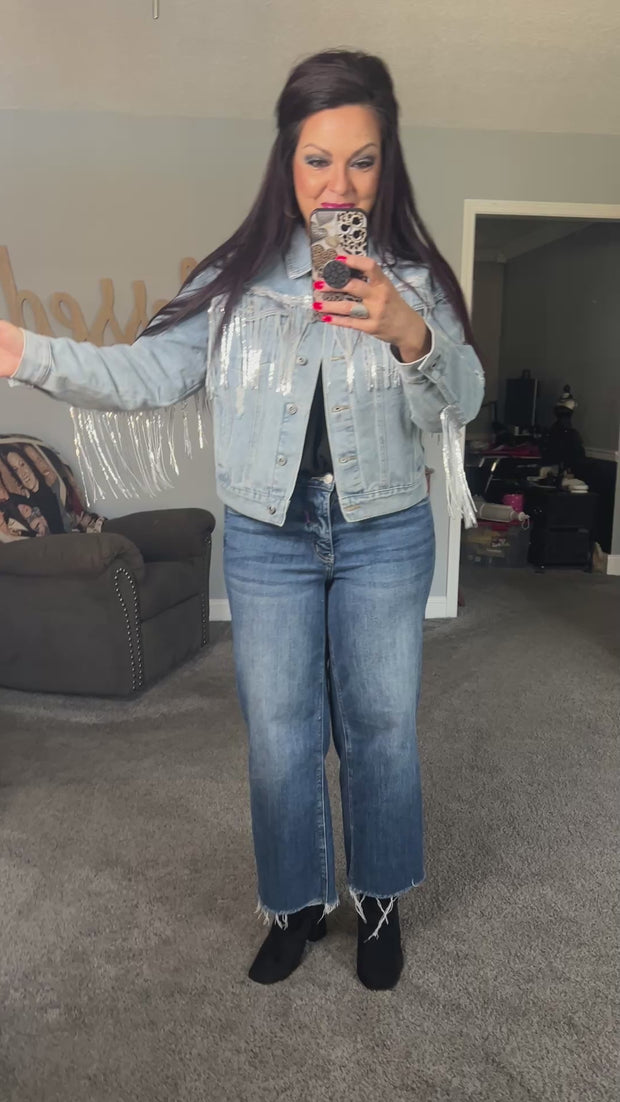 {PREORDER} Sequin Fringe Distressed Denim Jacket
