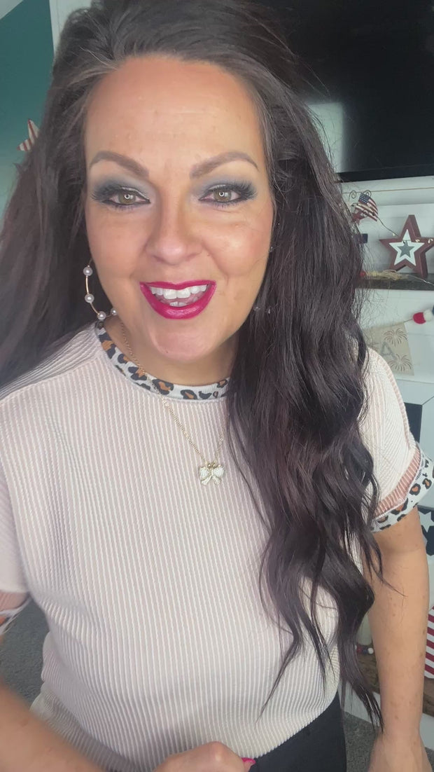 Leopard Trim Tan Corded Top