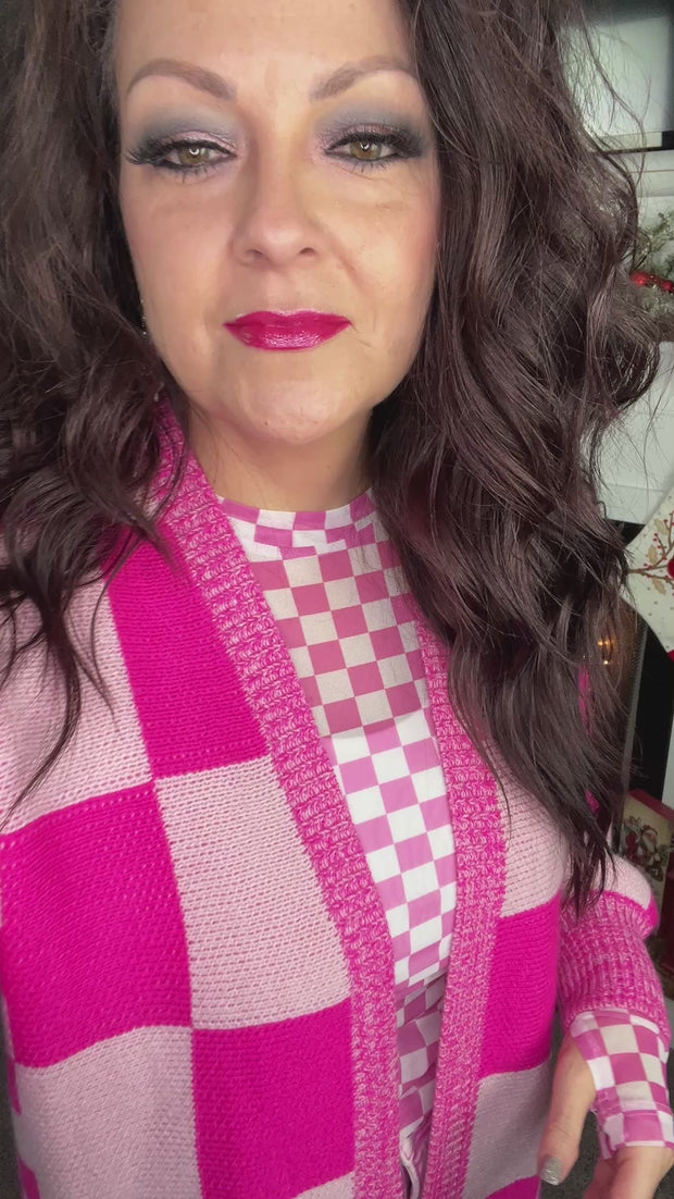 Pink Checked Sweater Cardigan