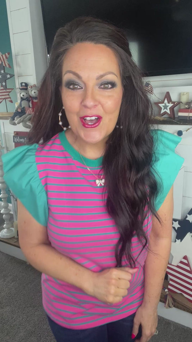 Pink & Green Stripe Ruffle Sleeve Top