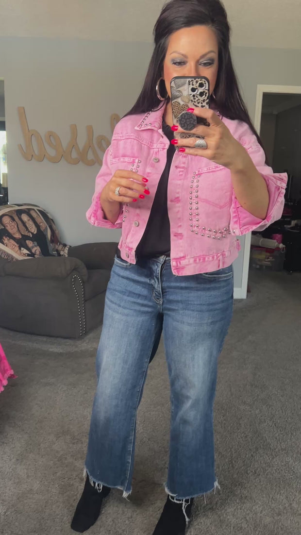 {PREORDER} Pink Studded Cropped Denim Jacket