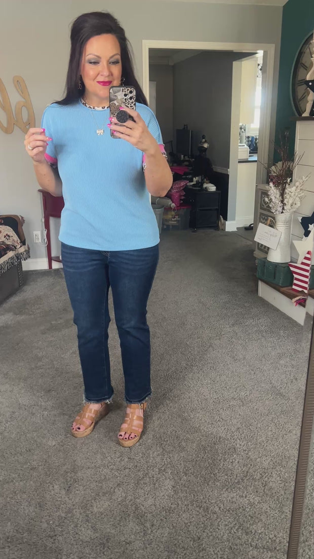 Leopard Trim Blue Corded Top