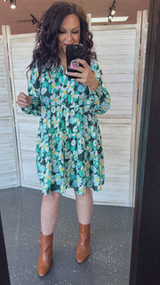 Green Floral Tiered Smocked Sleeve Dress