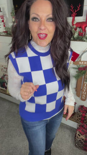 Royal Blue & White Checked Sweater Vest