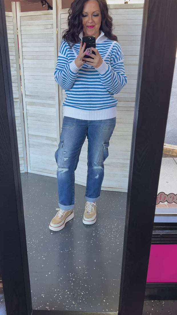 Blue & White Stripe Half Zip Sweater