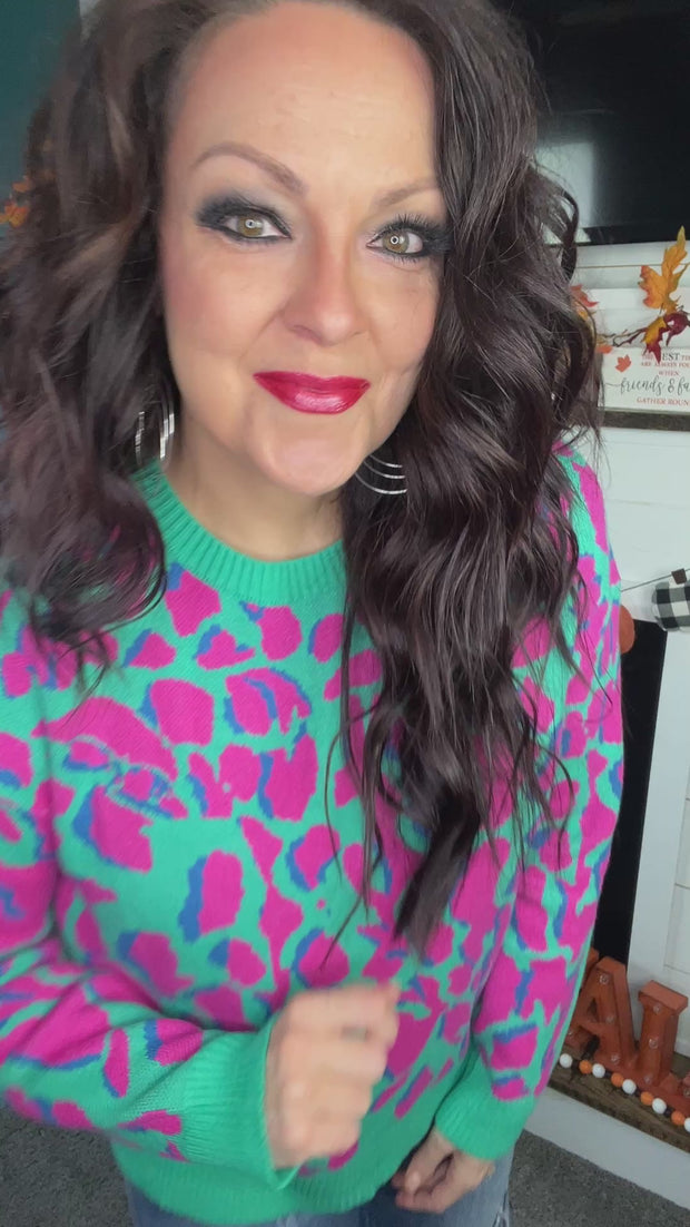 Pink/Green Leopard Print Sweater