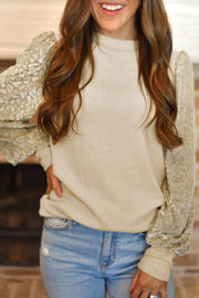 {ONLINE ONLY} Leopard Sleeve Ribbed Knit Blouse