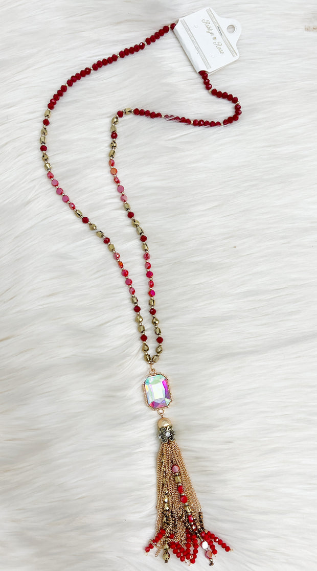 Red/Gold Beaded Necklace w/AB Pendant